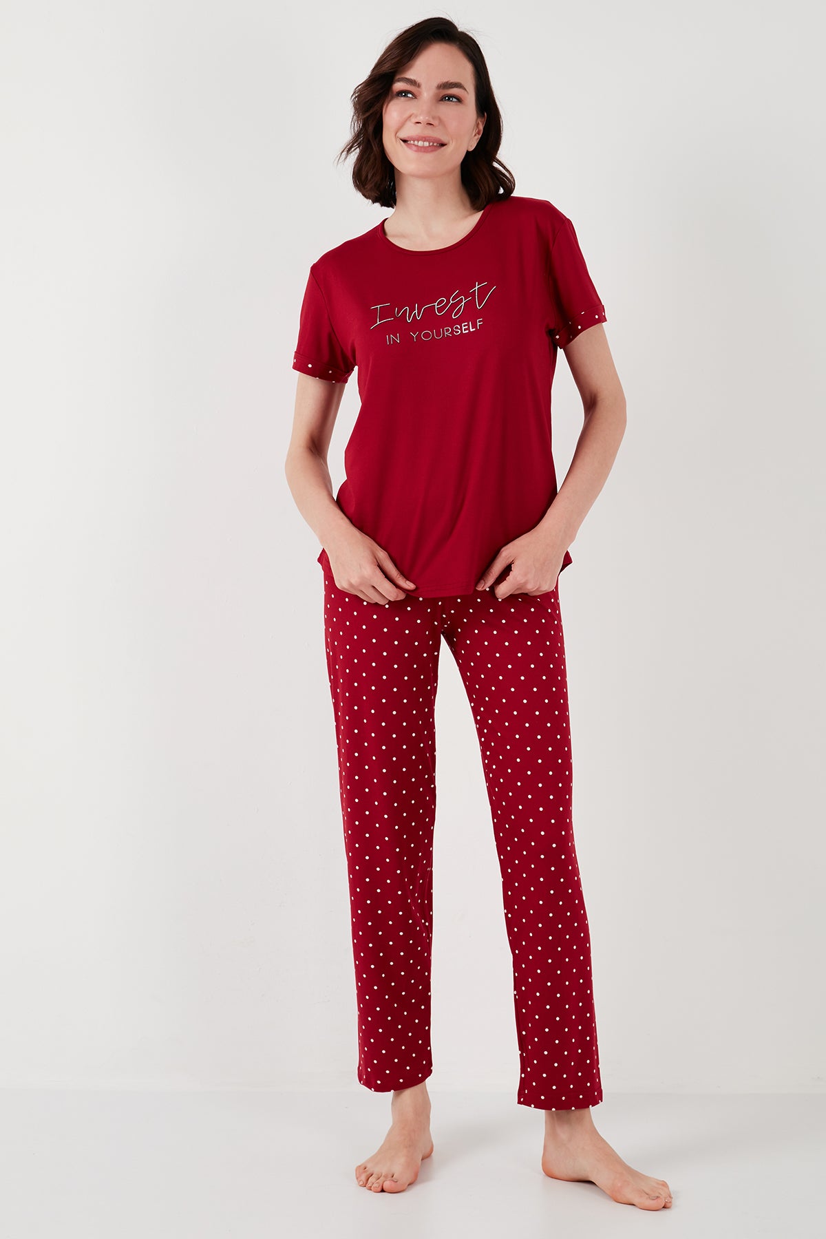 Lela Yumuşak Dokulu Bisiklet Yaka Bayan Pijama Takımı 6097605 BORDO