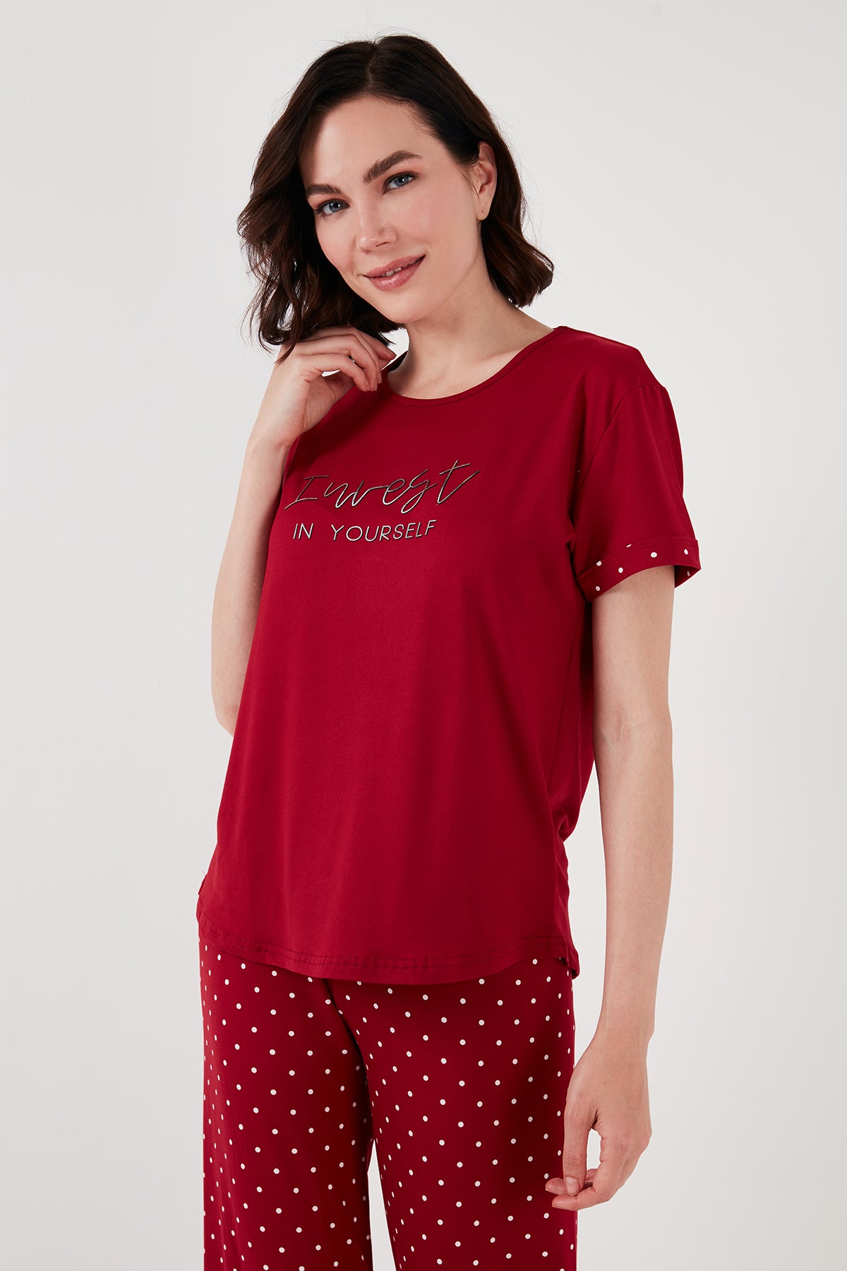 Lela Yumuşak Dokulu Bisiklet Yaka Bayan Pijama Takımı 6097605 BORDO