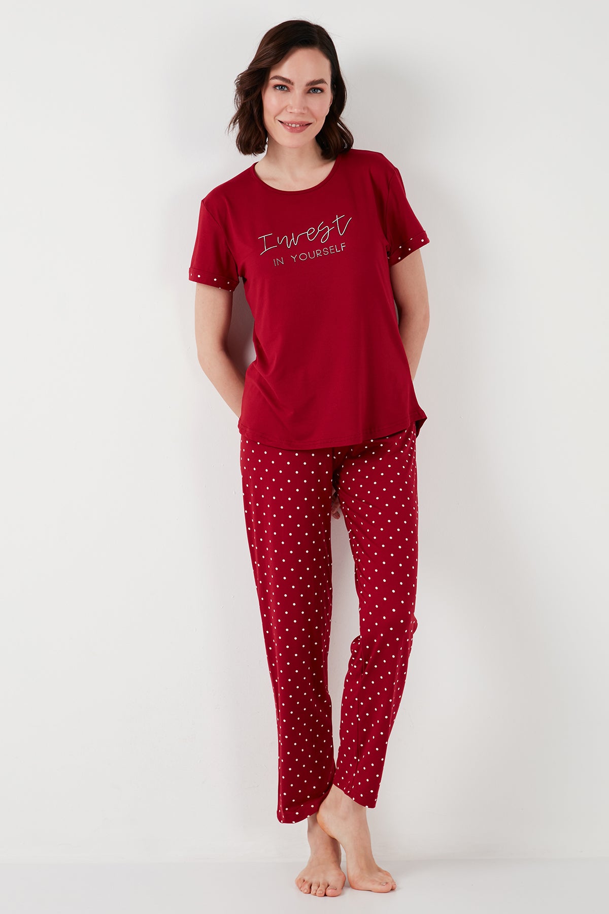 Lela Yumuşak Dokulu Bisiklet Yaka Bayan Pijama Takımı 6097605 BORDO