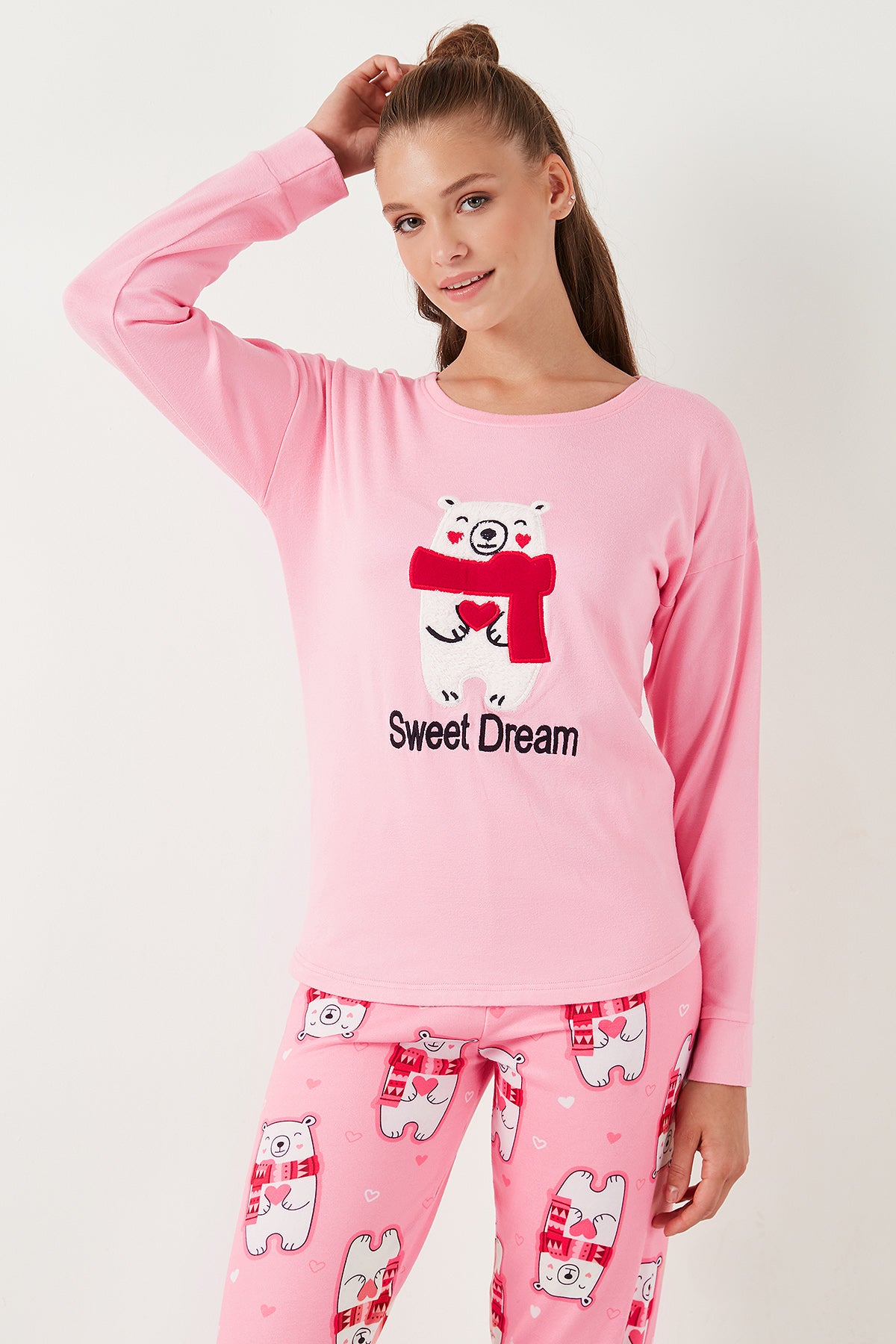 Lela Streç Standart Fit Bisiklet Yaka Desenli Bayan Pijama Takımı 6095700 PEMBE