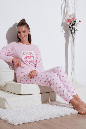 Lela Streç Standart Fit Bisiklet Yaka Desenli Bayan Pijama Takımı 6095700 AÇIK PEMBE