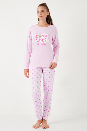 Lela Streç Standart Fit Bisiklet Yaka Desenli Bayan Pijama Takımı 6095700 AÇIK PEMBE