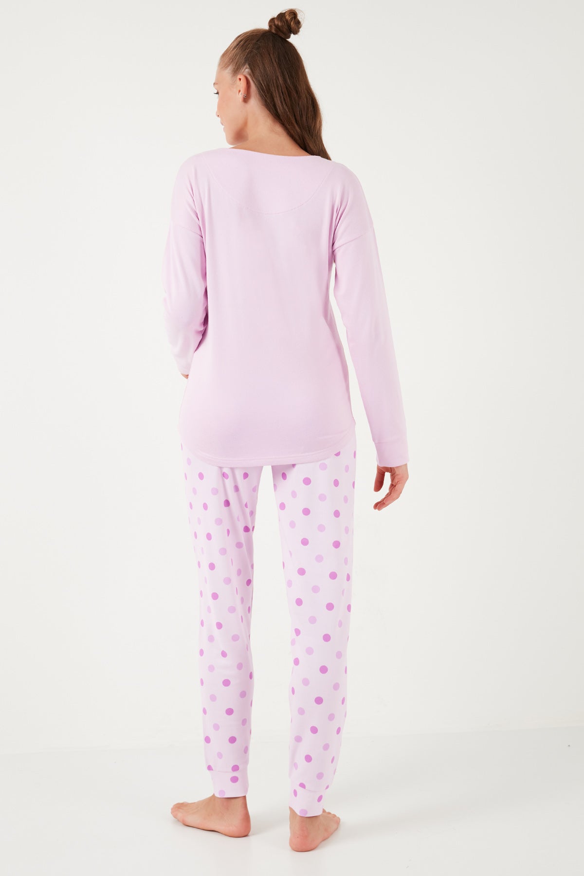 Lela Streç Standart Fit Bisiklet Yaka Desenli Bayan Pijama Takımı 6095700 AÇIK PEMBE