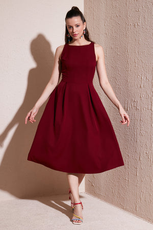 Lela Bisiklet Yaka Regular Fit Cepli Pileli Midi Bayan Elbise 6051963 BORDO