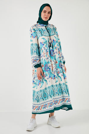 Lela Modest Desenli Regular Fit Bağlamalı V Yaka Maxi Bayan Elbise 611EL510 YEŞİL