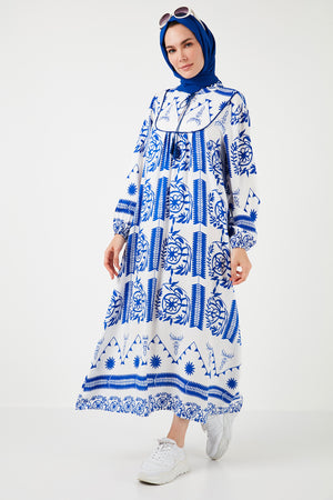 Lela Modest Desenli Regular Fit Bağlamalı V Yaka Maxi Bayan Elbise 611EL510 SAKS