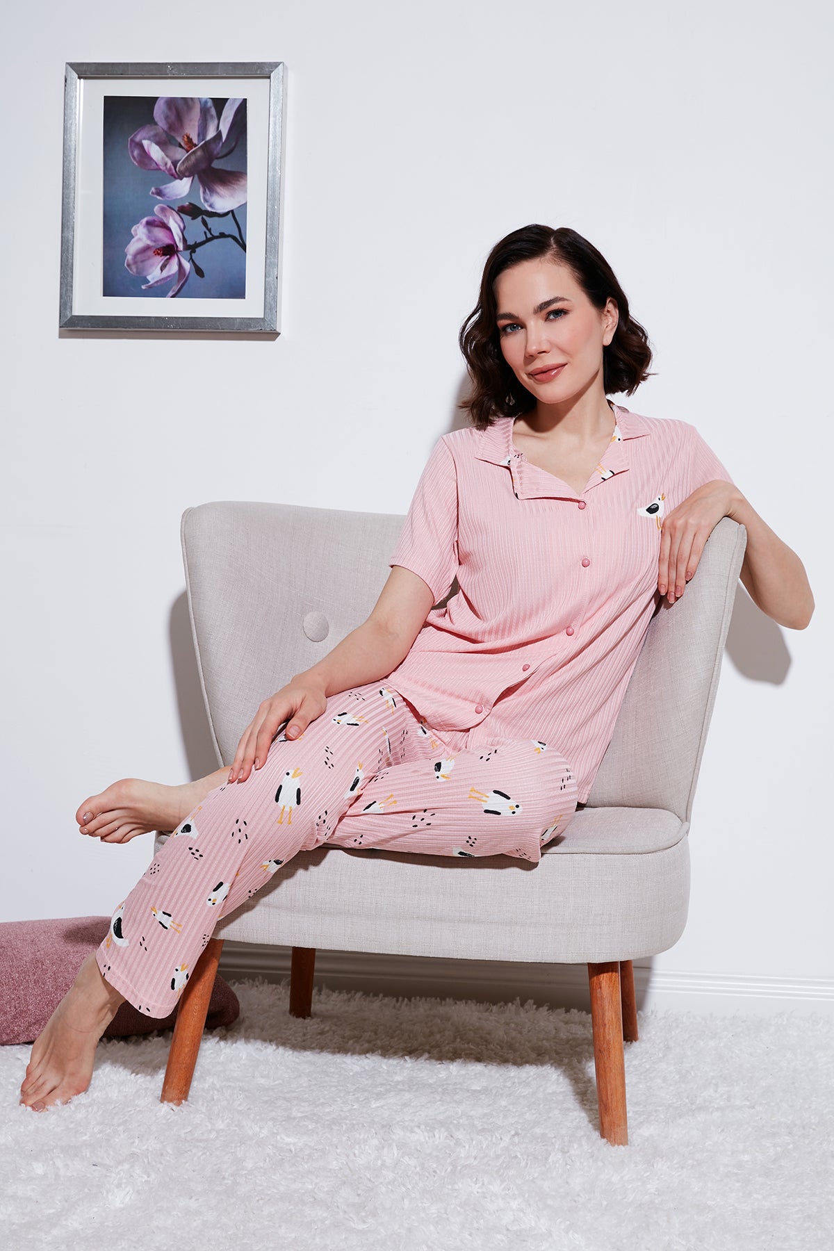 Lela Regular Fit Gömlek Yaka Kısa Kollu Bayan Pijama Takımı 65740102 PEMBE