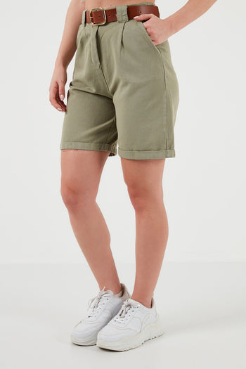 Lela Pamuklu Relaxed Fit Kemerli Gabardin Bayan Short 668YP47102S4 AÇIK HAKİ