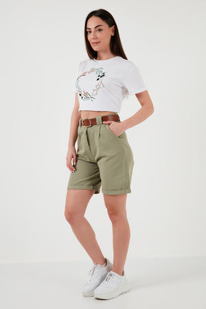 Lela Pamuklu Relaxed Fit Kemerli Gabardin Bayan Short 668YP47102S4 AÇIK HAKİ