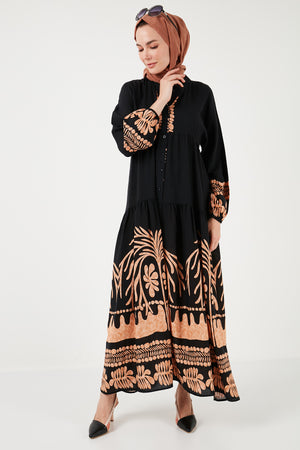 Lela Modest Desenli Relaxed Fit V Yaka Uzun Bayan Elbise 66924232S4 Siyah-Koyu Taba