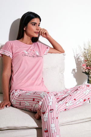 Lela Regular Fit Bisiklet Yaka Kısa Kollu Pijama Takım Bayan Pijama Takımı 6097310 PUDRA