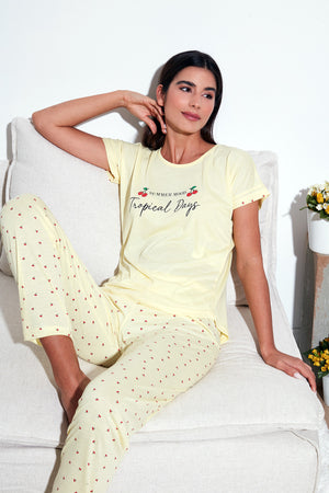 Lela Regular Fit Bisiklet Yaka Kısa Kollu Pijama Takım Bayan Pijama Takımı 6097310 SARI