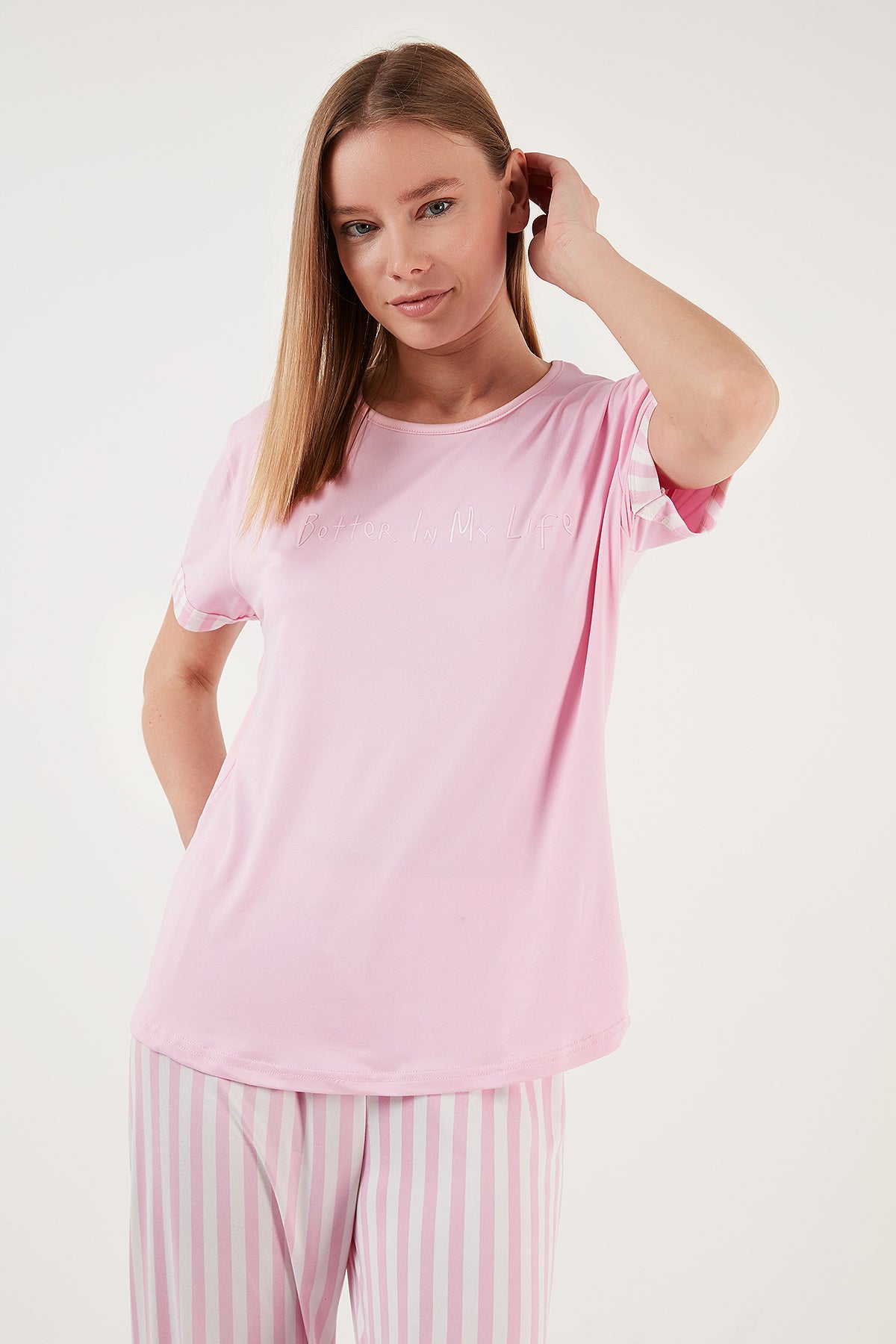 Lela Bambu Karışımlı Yumuşak Dokulu Bisiklet Yaka Bayan Pijama Takımı 6097605 PEMBE