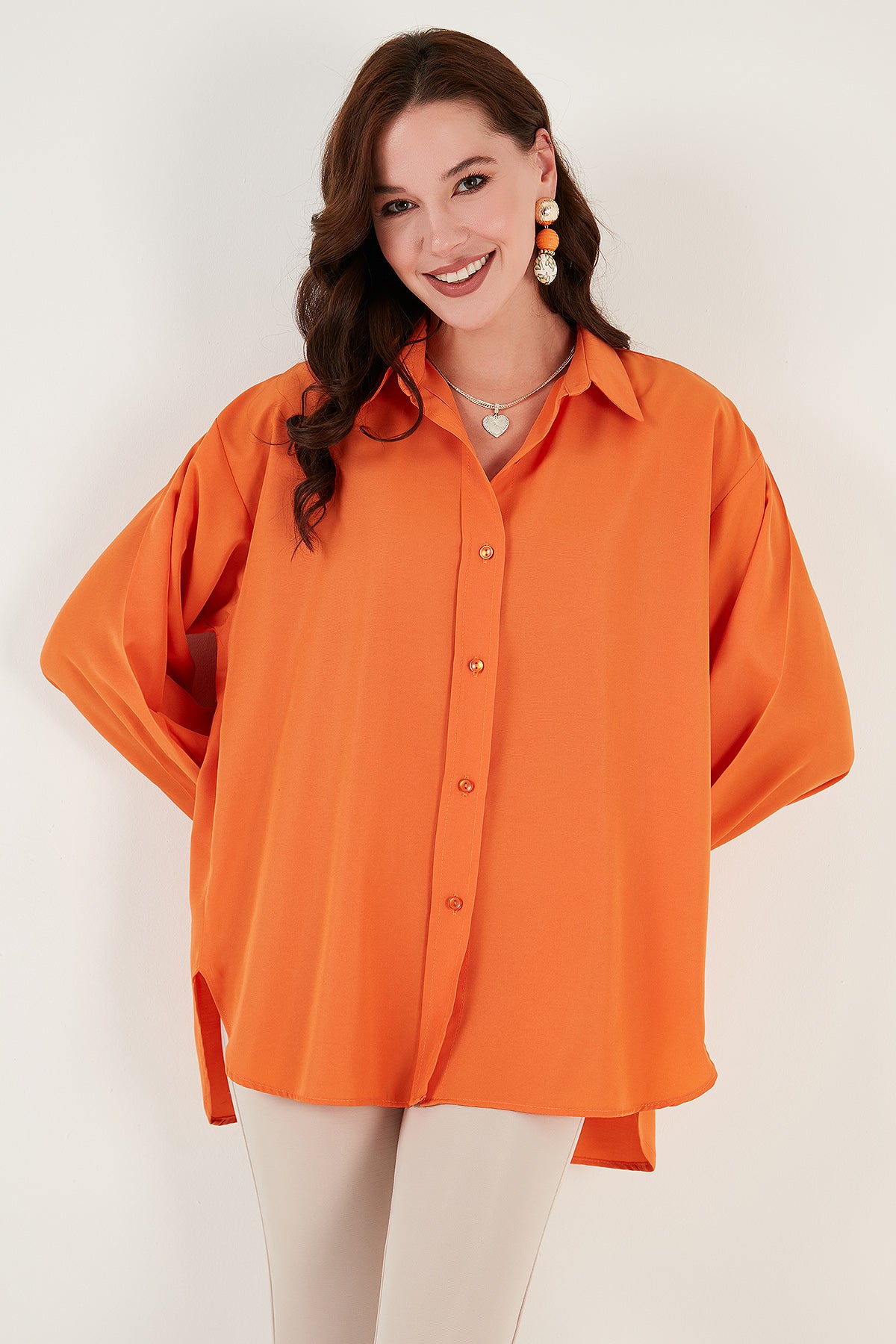 Lela Pamuklu Oversize Dokuma Bayan Gömlek 6234760 ORANJ