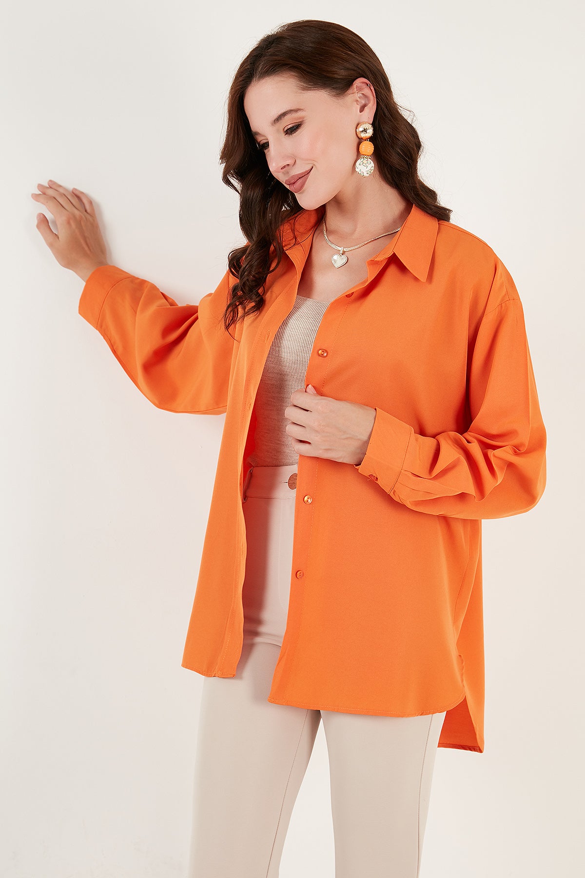 Lela Pamuklu Oversize Dokuma Bayan Gömlek 6234760 ORANJ