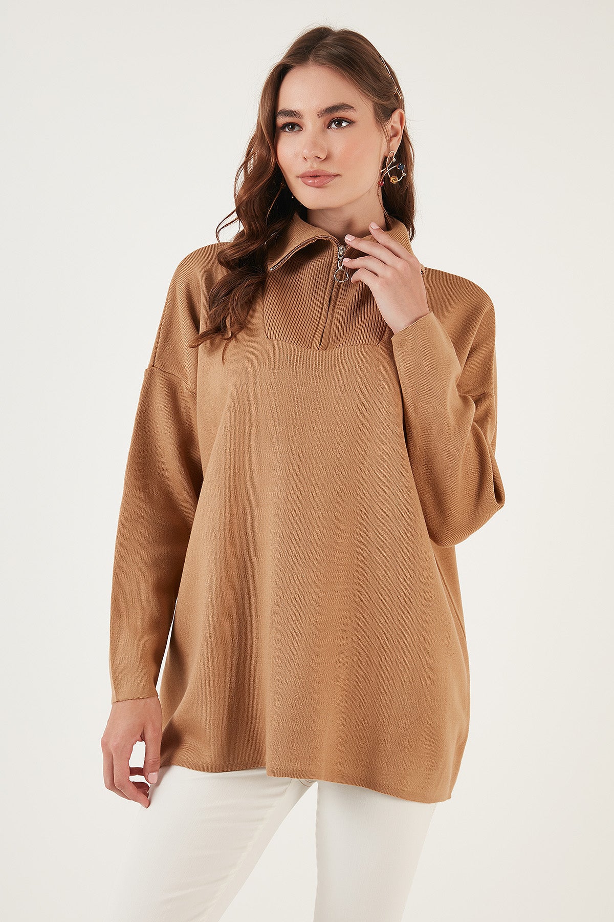 Lela Yarım Fermuarlı Oversize Triko Bayan Kazak 4616079 CAMEL