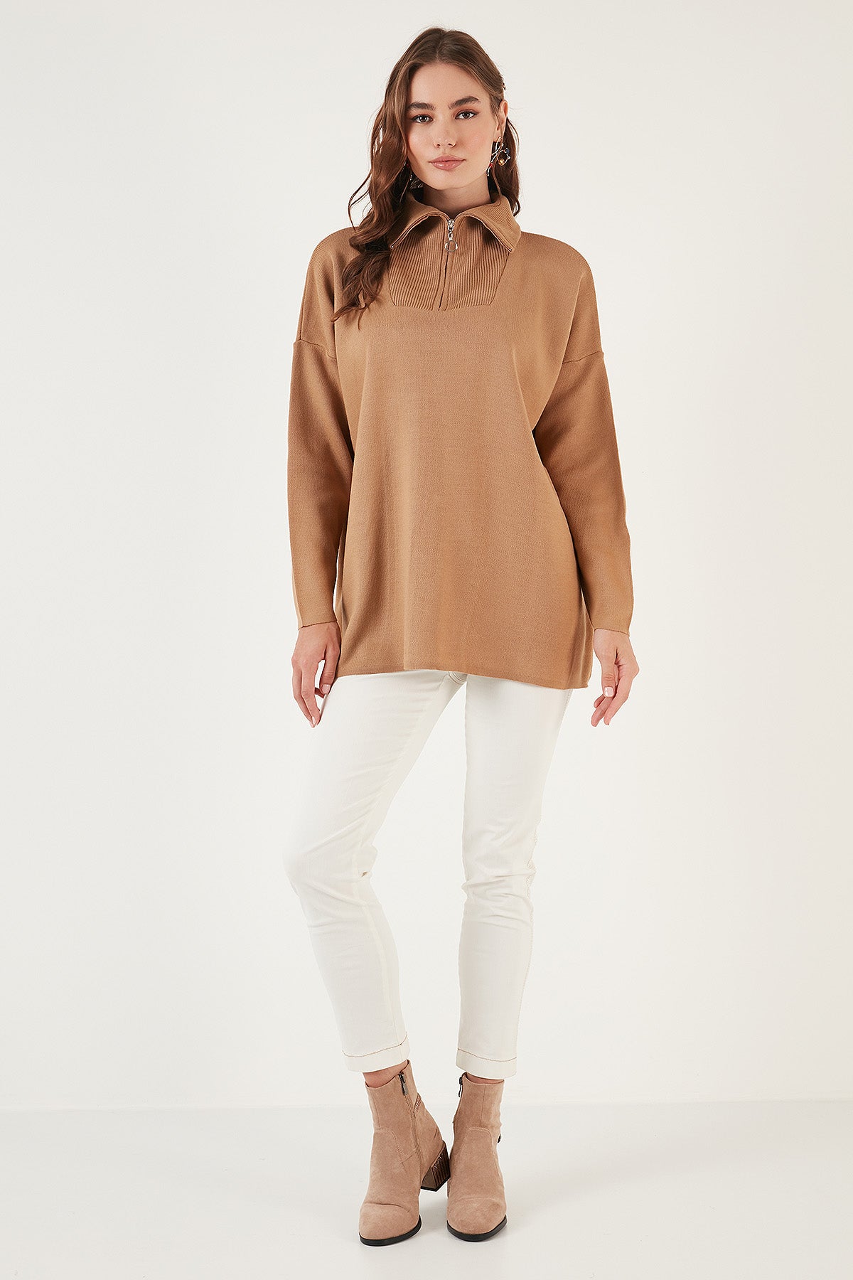 Lela Yarım Fermuarlı Oversize Triko Bayan Kazak 4616079 CAMEL