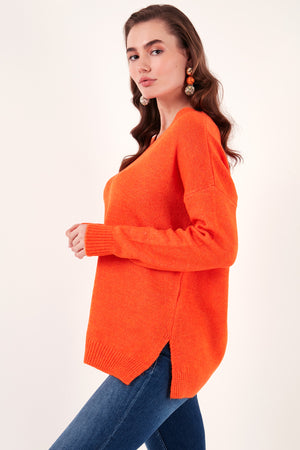 Lela Regular Fit V Yaka Yanları Yırtmaçlı Uzun Triko Bayan Kazak 4616140 ORANGE