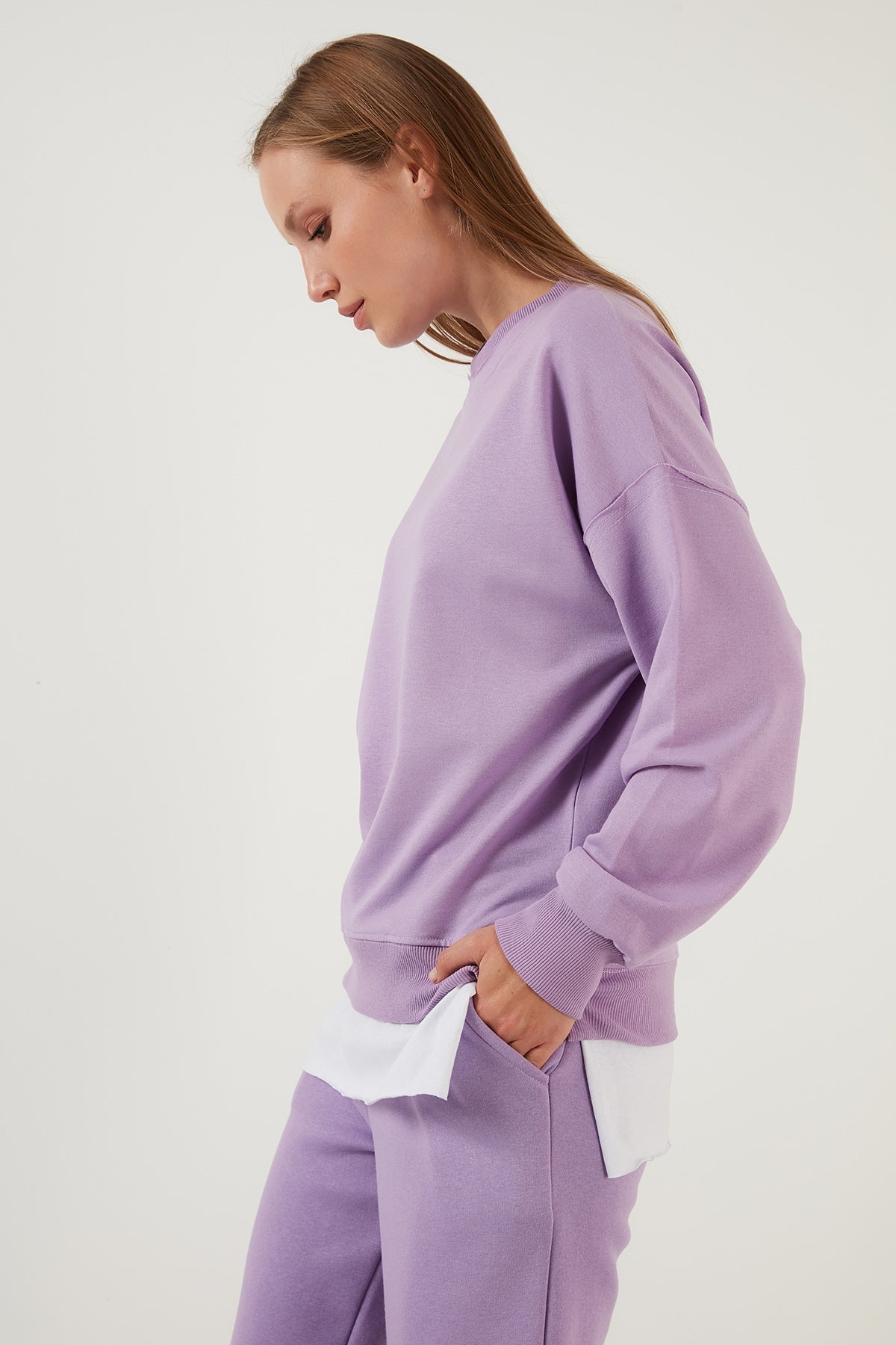 Lela Pamuklu Oversize Parçalı Uzun Bayan Sweat 5864854 LİLA