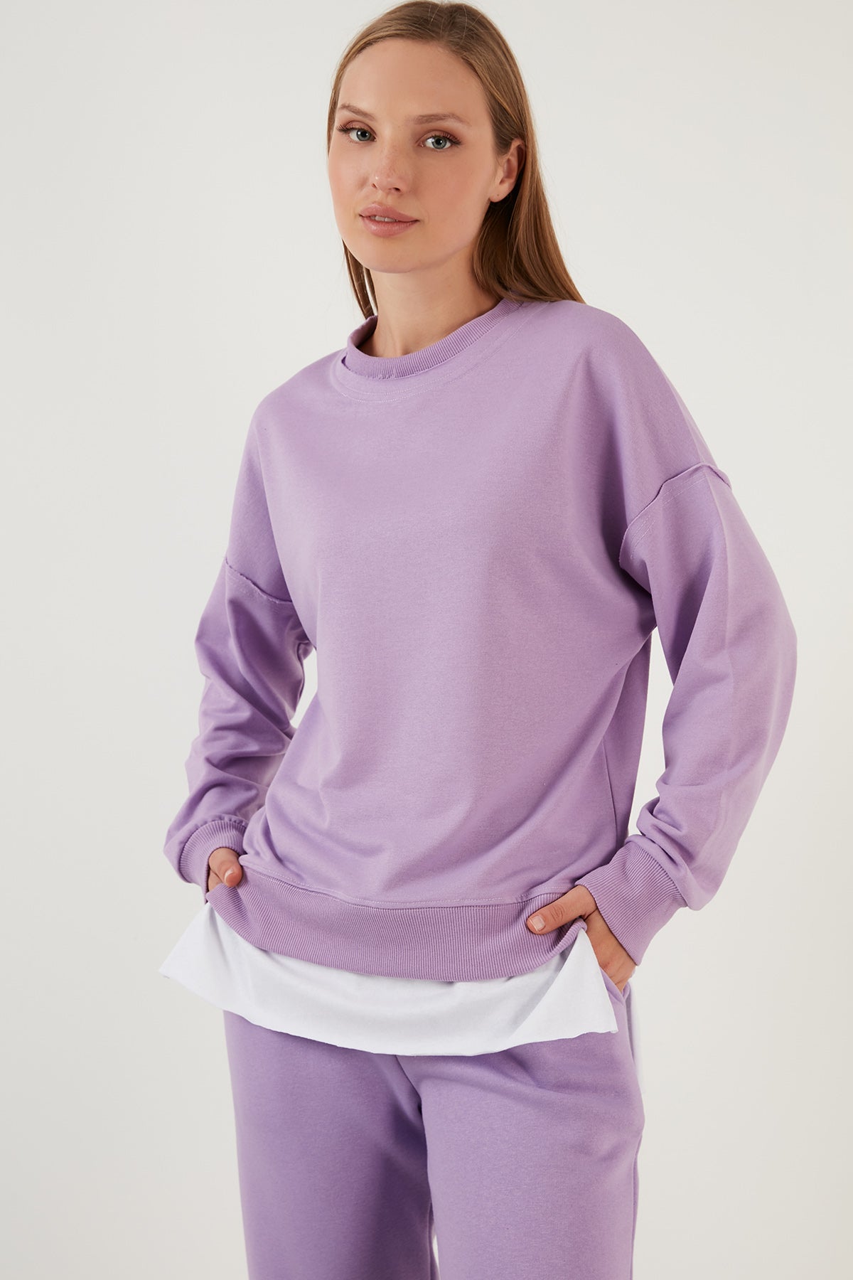 Lela Pamuklu Oversize Parçalı Uzun Bayan Sweat 5864854 LİLA