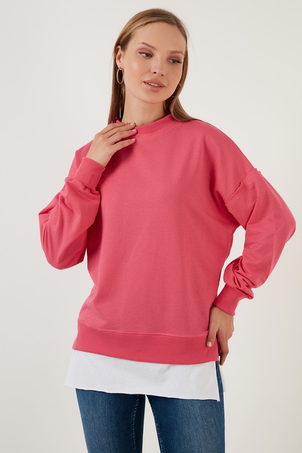 Lela Pamuklu Oversize Parçalı Uzun Bayan Sweat 5864854 FUŞYA