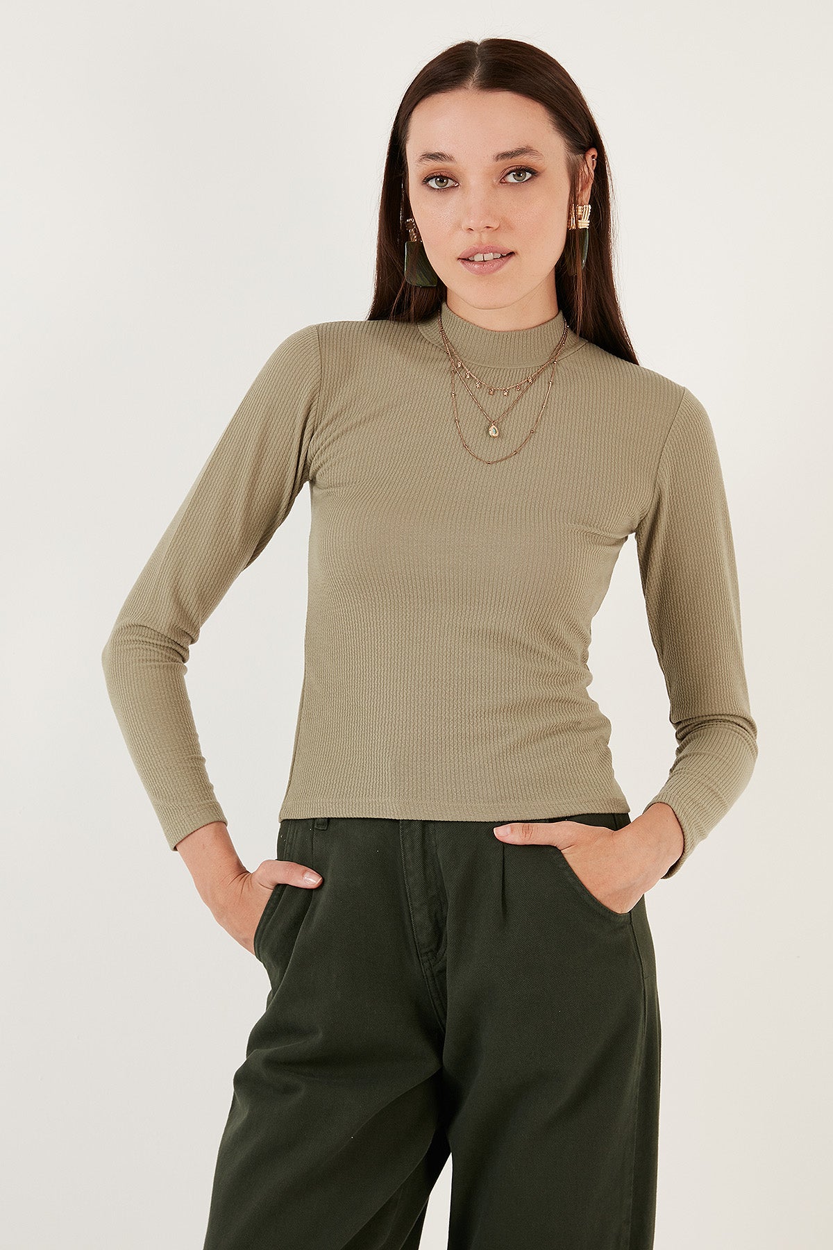 Lela Fitilli Esnek Slim Fit Yarım Balıkçı Yaka Bayan Kazak 5865344 Olive