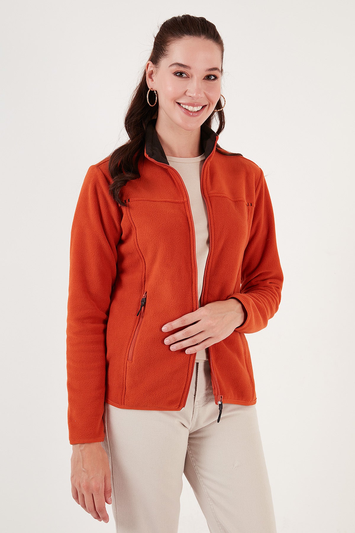 Lela Slim Fit Anti-Pilling Tüylenme Yapmayan Fermuarlı Cepli  Hırka Bayan Polar 5907002 ORANGE