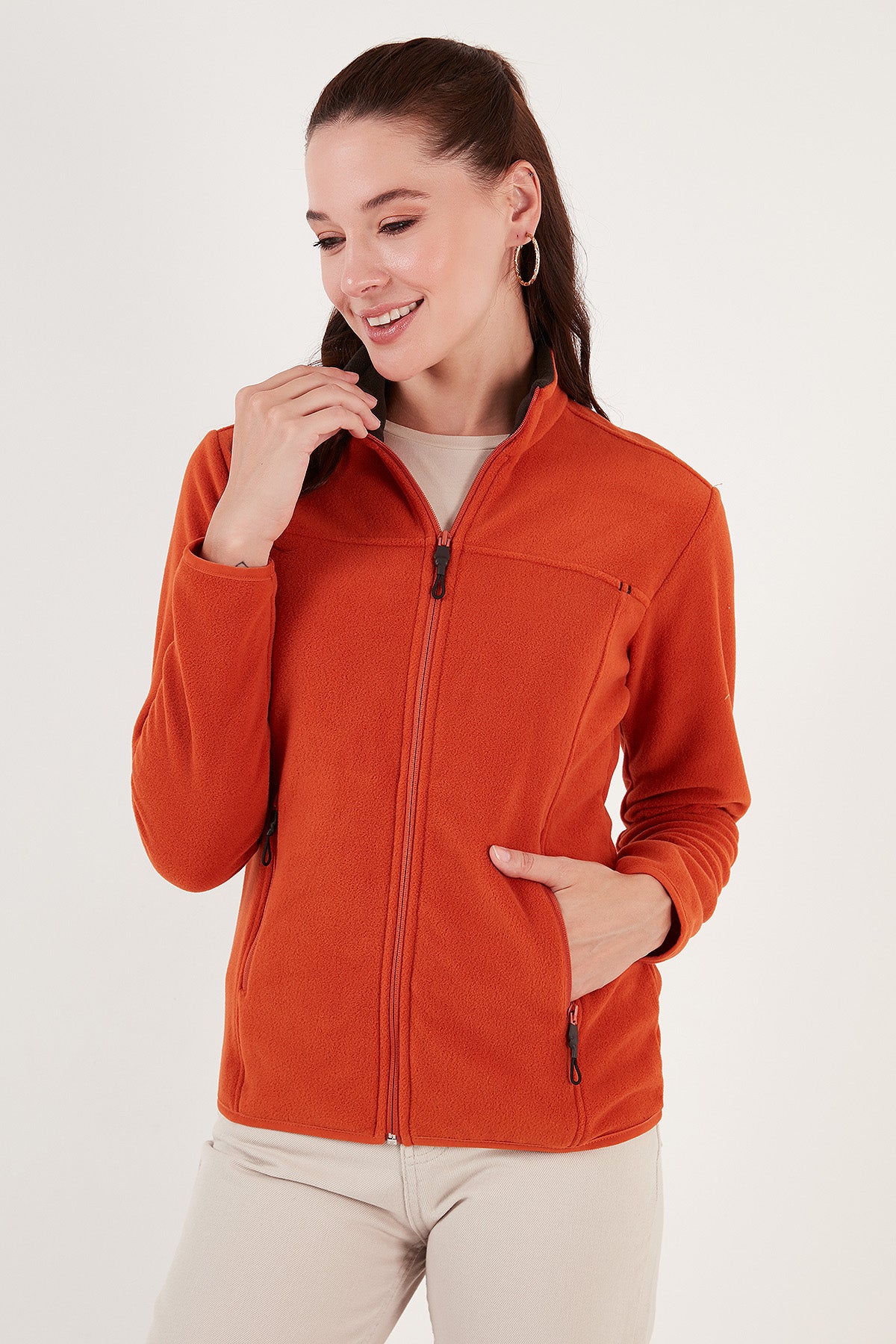 Lela Slim Fit Anti-Pilling Tüylenme Yapmayan Fermuarlı Cepli  Hırka Bayan Polar 5907002 ORANGE