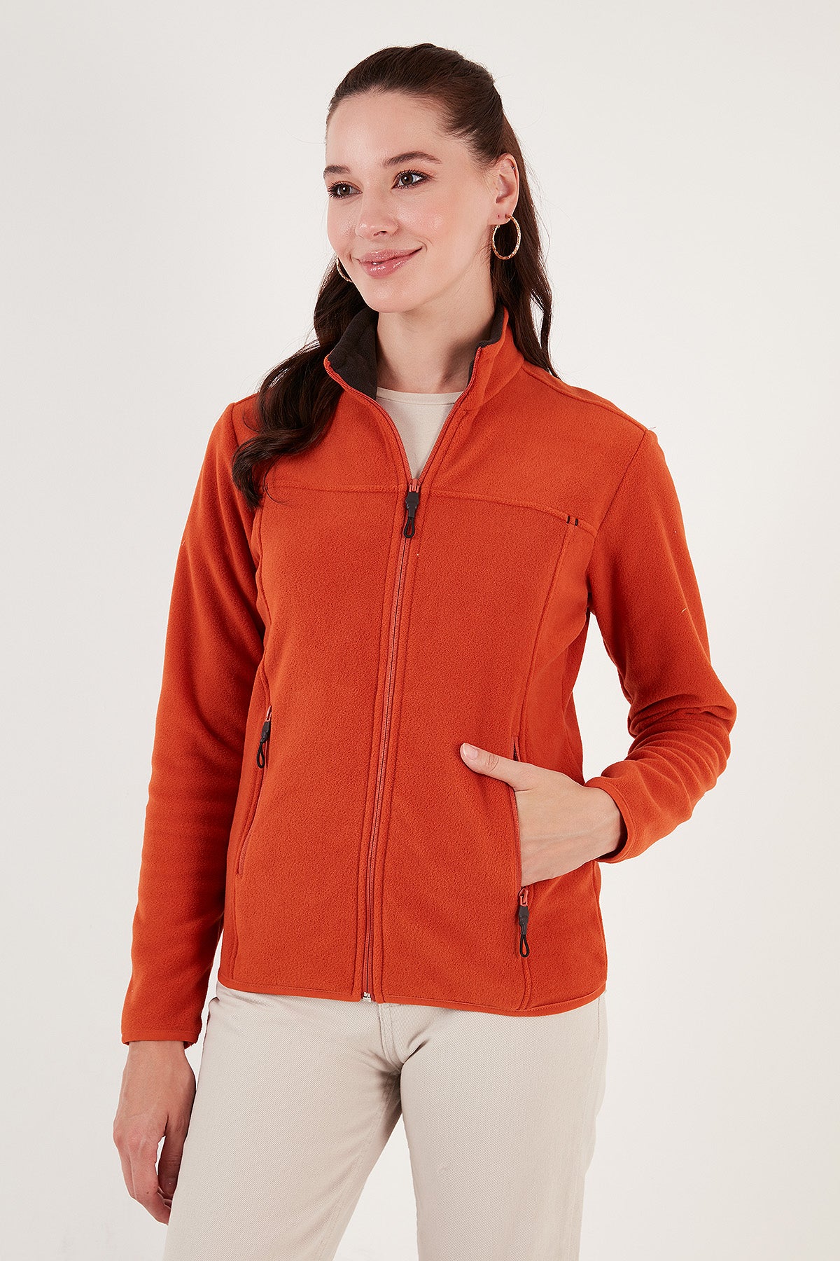 Lela Slim Fit Anti-Pilling Tüylenme Yapmayan Fermuarlı Cepli  Hırka Bayan Polar 5907002 ORANGE