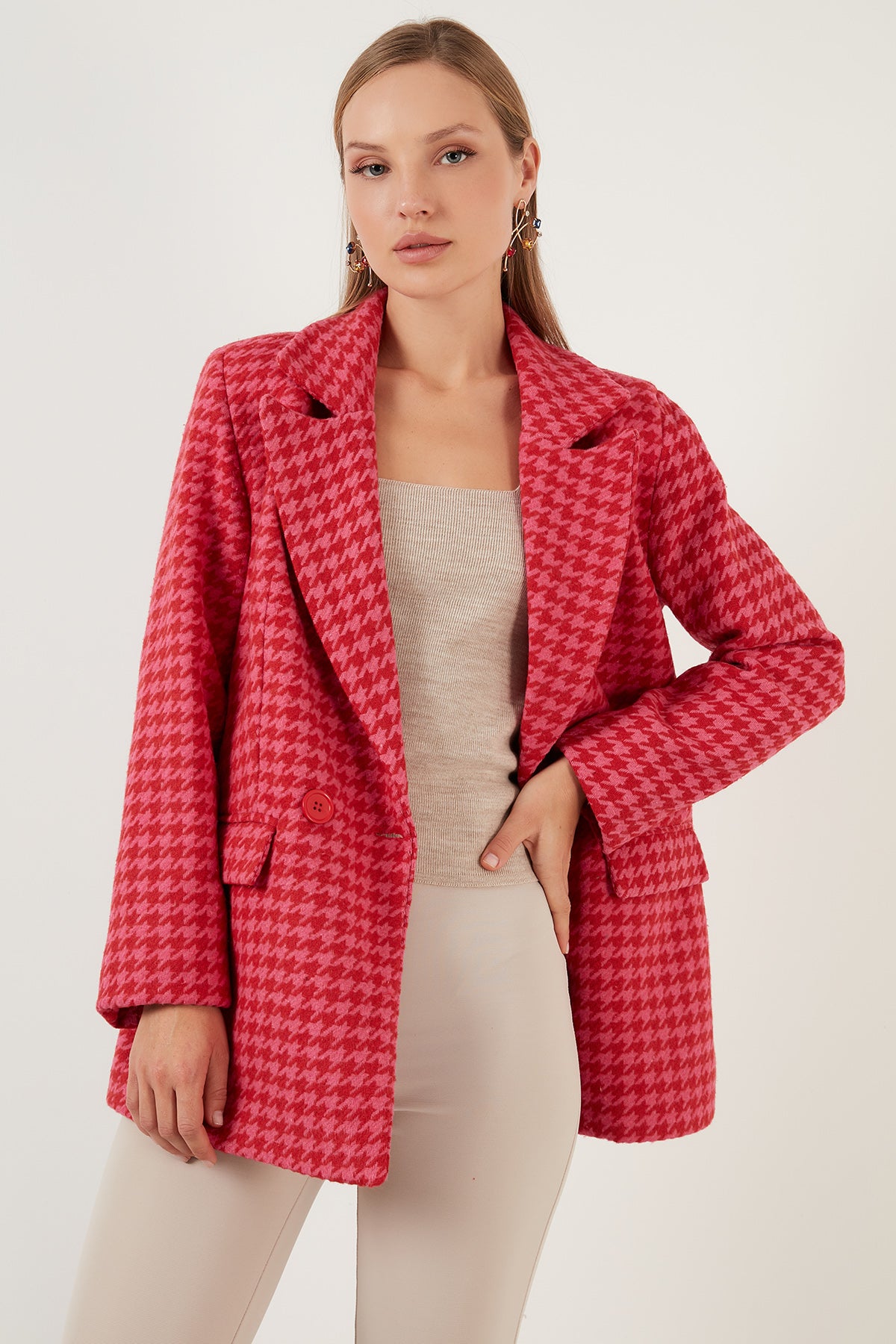 Lela Regular Fit Kazayağı Desenli Düğmeli Blazer Bayan Ceket 611C201 FUŞYA