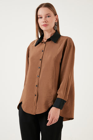 Lela Asimetrik Kesim Oversize Fit Dokuma Bayan Gömlek 611GO0178 CAMEL