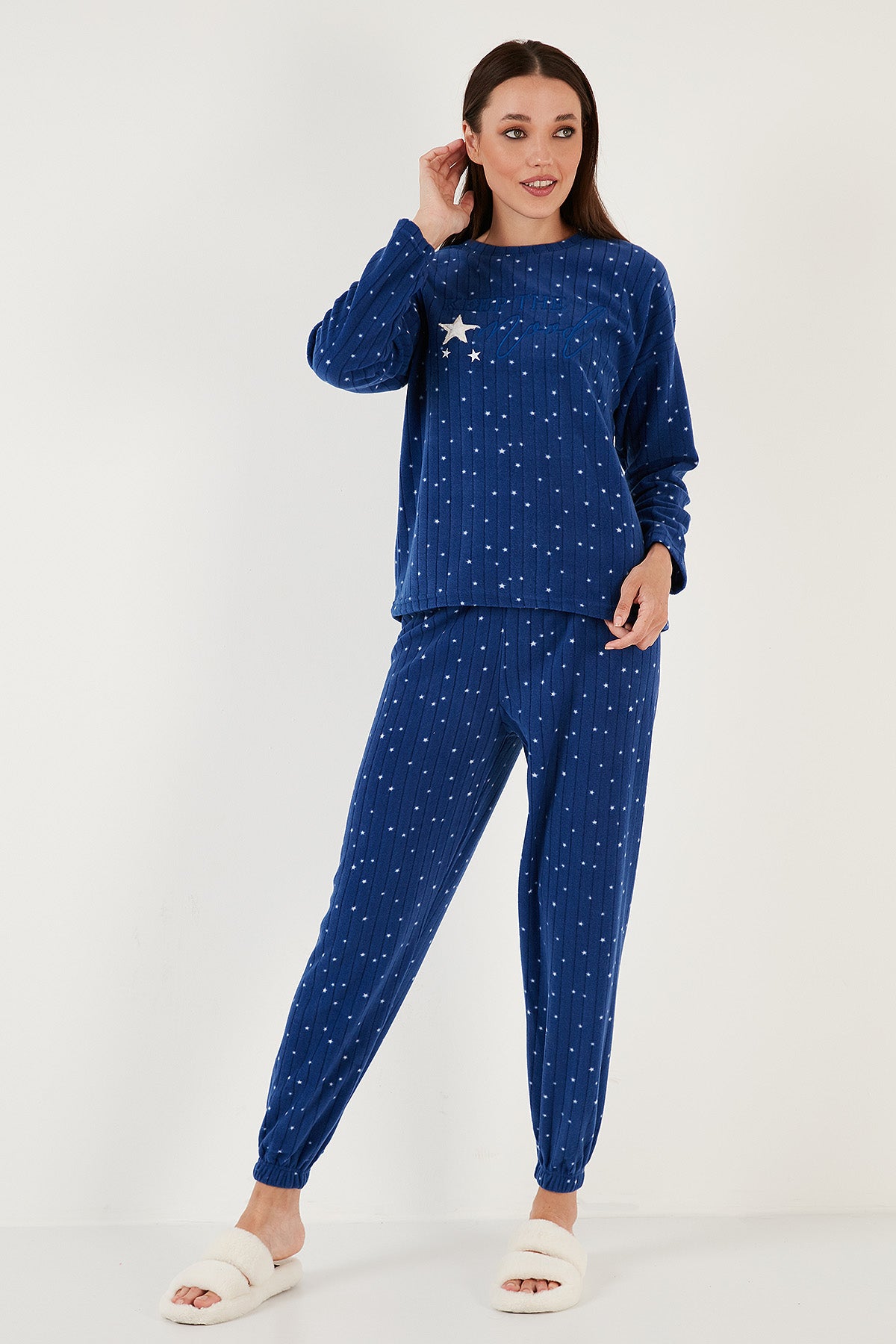 Lela Regular Fit Bisiklet Yaka Polar Bayan Pijama Takımı 6571006 LACİVERT