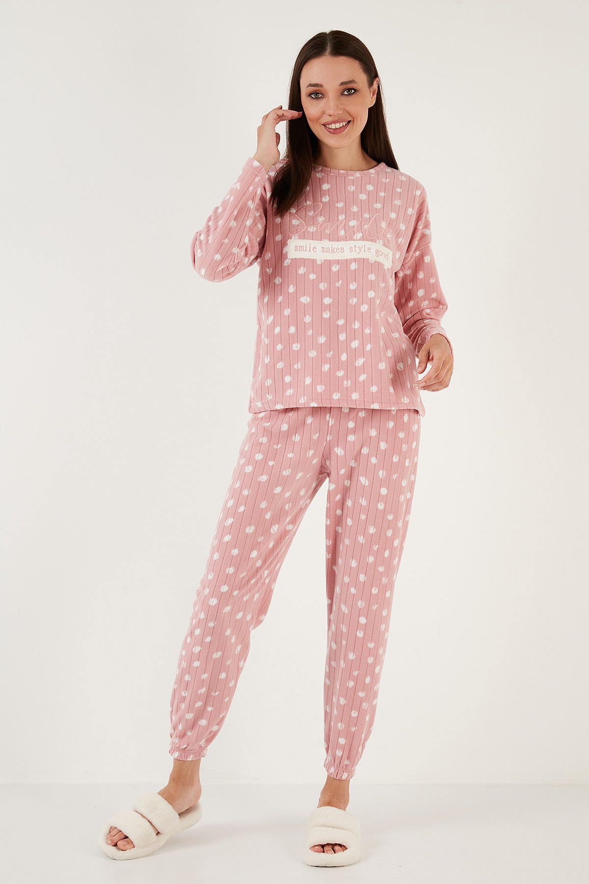 Lela Regular Fit Bisiklet Yaka Polar Bayan Pijama Takımı 6571007 PUDRA