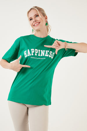 Lela Baskılı Pamuklu Oversize Bisiklet Yaka Bayan T Shirt 541HAPPINESS YEŞİL