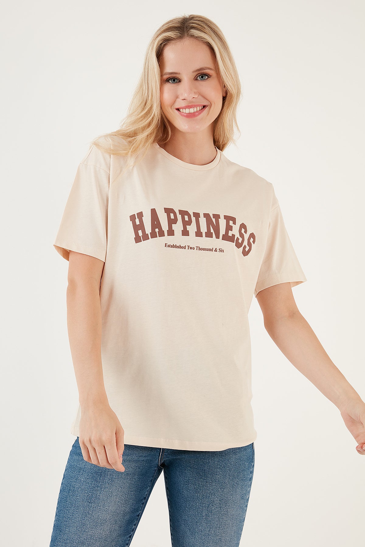 Lela Baskılı Pamuklu Oversize Bisiklet Yaka Bayan T Shirt 541HAPPINESS BEJ