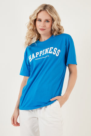 Lela Baskılı Pamuklu Oversize Bisiklet Yaka Bayan T Shirt 541HAPPINESS MAVİ