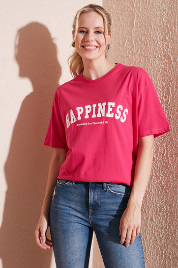 Lela Baskılı Pamuklu Oversize Bisiklet Yaka Bayan T Shirt 541HAPPINESS FUŞYA