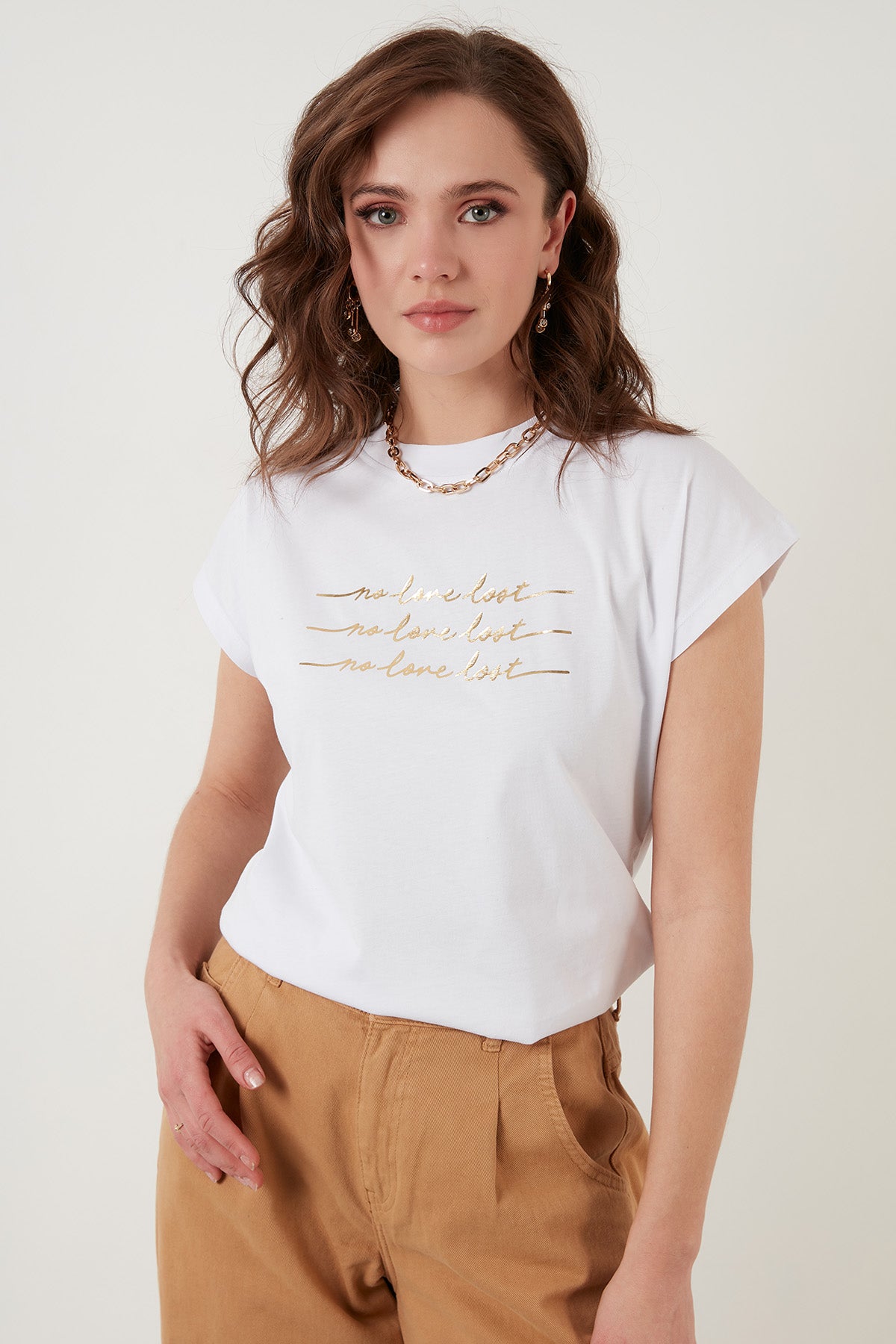 Lela Baskılı Bisiklet Yaka % 100 Pamuk Bayan T Shirt 5864217 BEYAZ