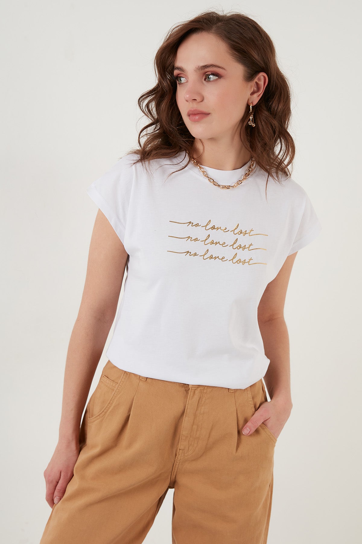 Lela Baskılı Bisiklet Yaka % 100 Pamuk Bayan T Shirt 5864217 BEYAZ