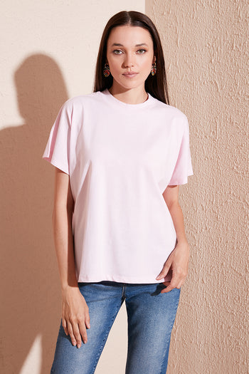 Lela Oversize % 100 Pamuk Bisiklet Yaka Basic Bayan T Shirt 5864489 TOZ PEMBE