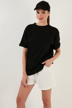 Lela Pamuklu Oversize Bisiklet Yaka Bayan T Shirt 5864562 SİYAH