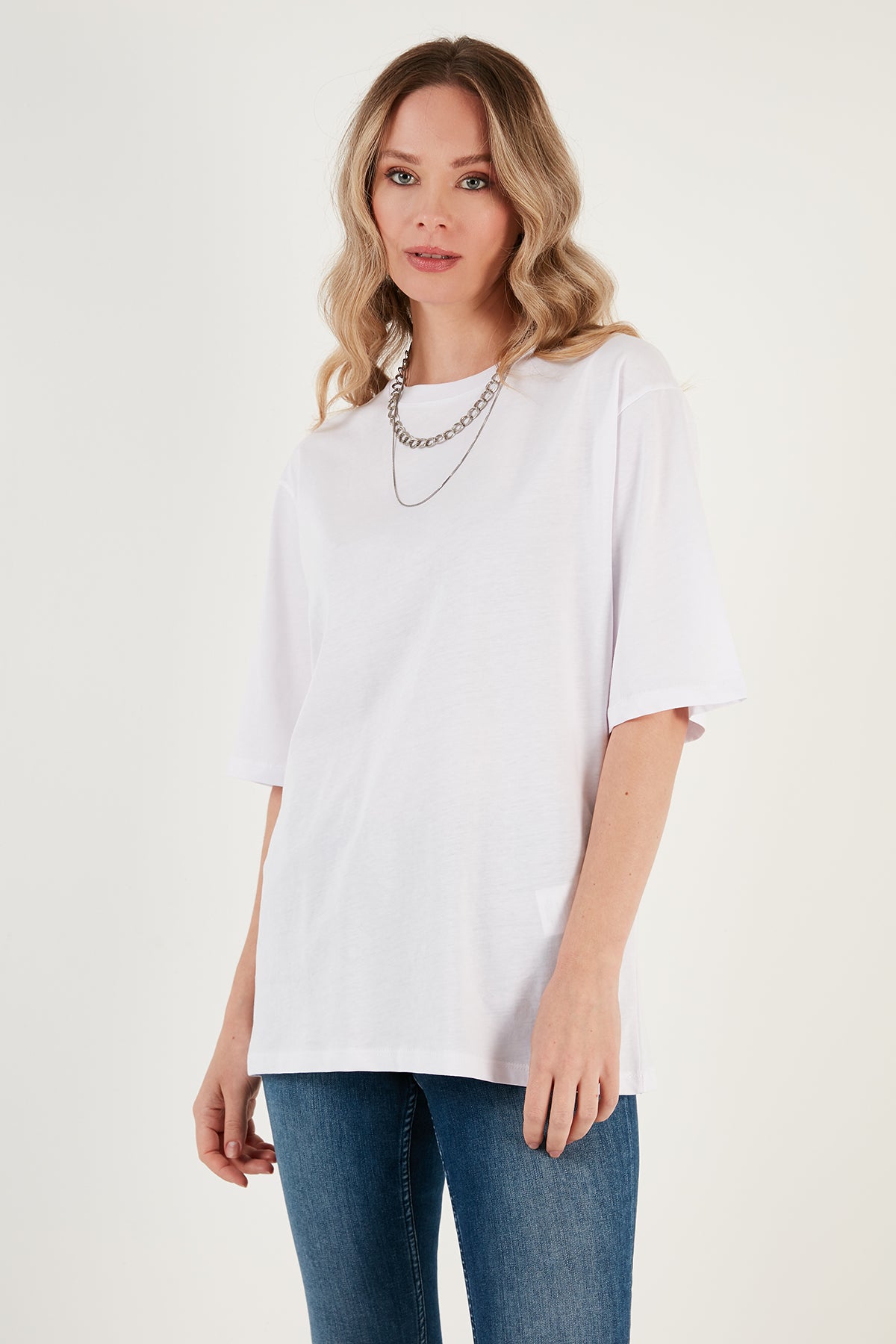 Lela Pamuklu Oversize Bisiklet Yaka Bayan T Shirt 5864562 BEYAZ