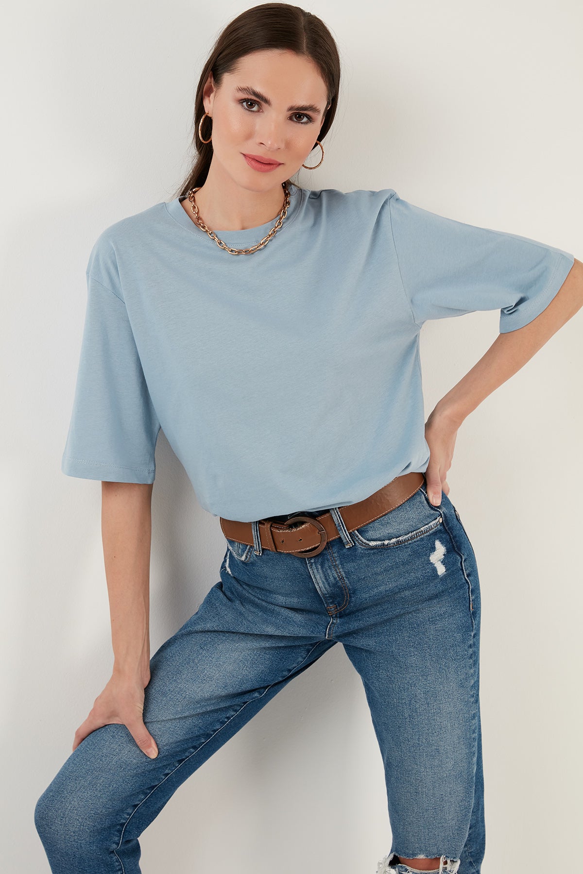 Lela Pamuklu Oversize Bisiklet Yaka Bayan T Shirt 5864562 BEBE MAVİ