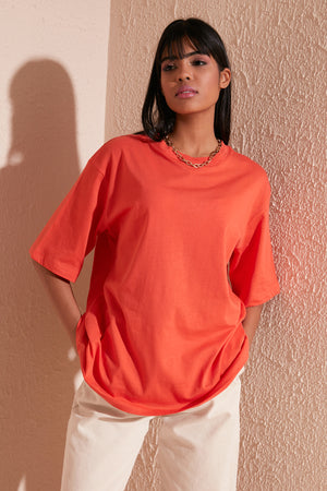 Lela Pamuklu Oversize Bisiklet Yaka Bayan T Shirt 5864562 KİREMİT