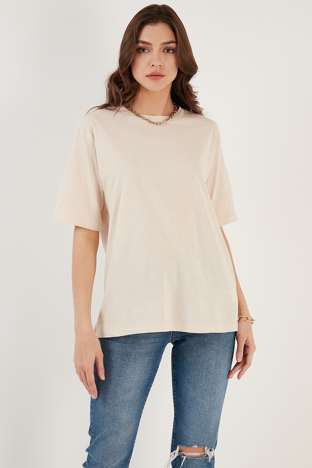 Lela Pamuklu Oversize Bisiklet Yaka Bayan T Shirt 5864562 TAŞ