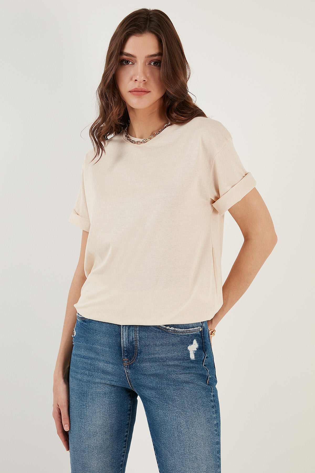 Lela Pamuklu Oversize Bisiklet Yaka Bayan T Shirt 5864562 TAŞ