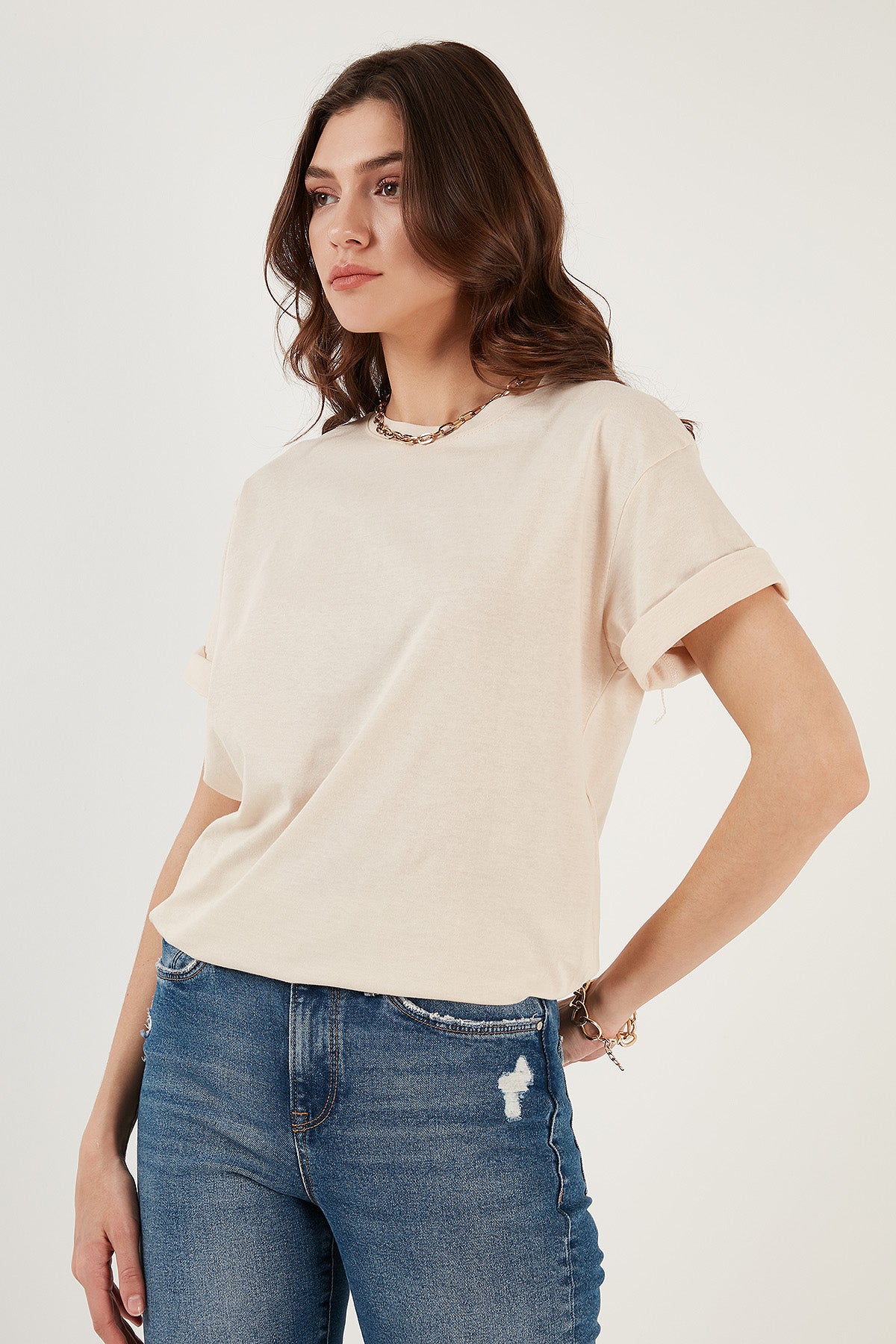 Lela Pamuklu Oversize Bisiklet Yaka Bayan T Shirt 5864562 TAŞ