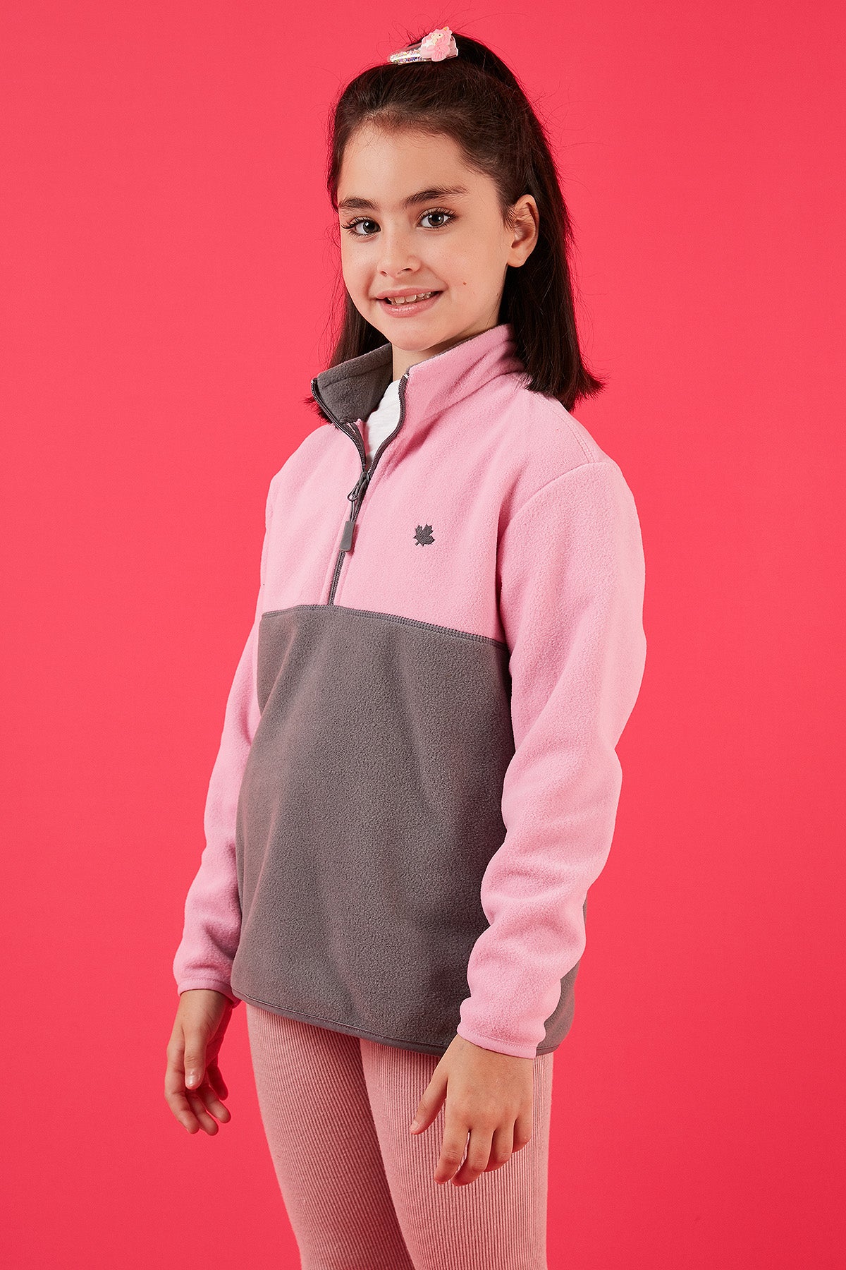 Lela Yumuşak Dokulu Yarım Fermuarlı Renk Bloklu Dik Yaka Unisex Çocuk Polar 5905004 Şeker Pembe-Gri