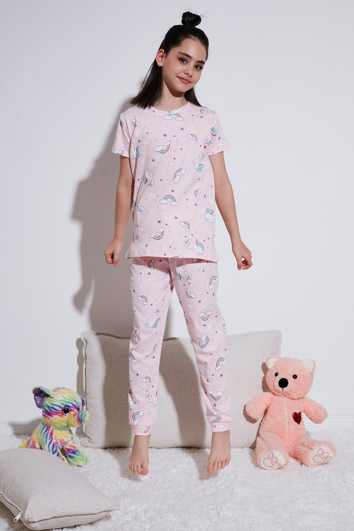 Lela % 100 Pamuk Bisiklet Yaka Kısa Kollu Pijama ı Kız Çocuk Takım 6651002 PEMBE-BEYAZ