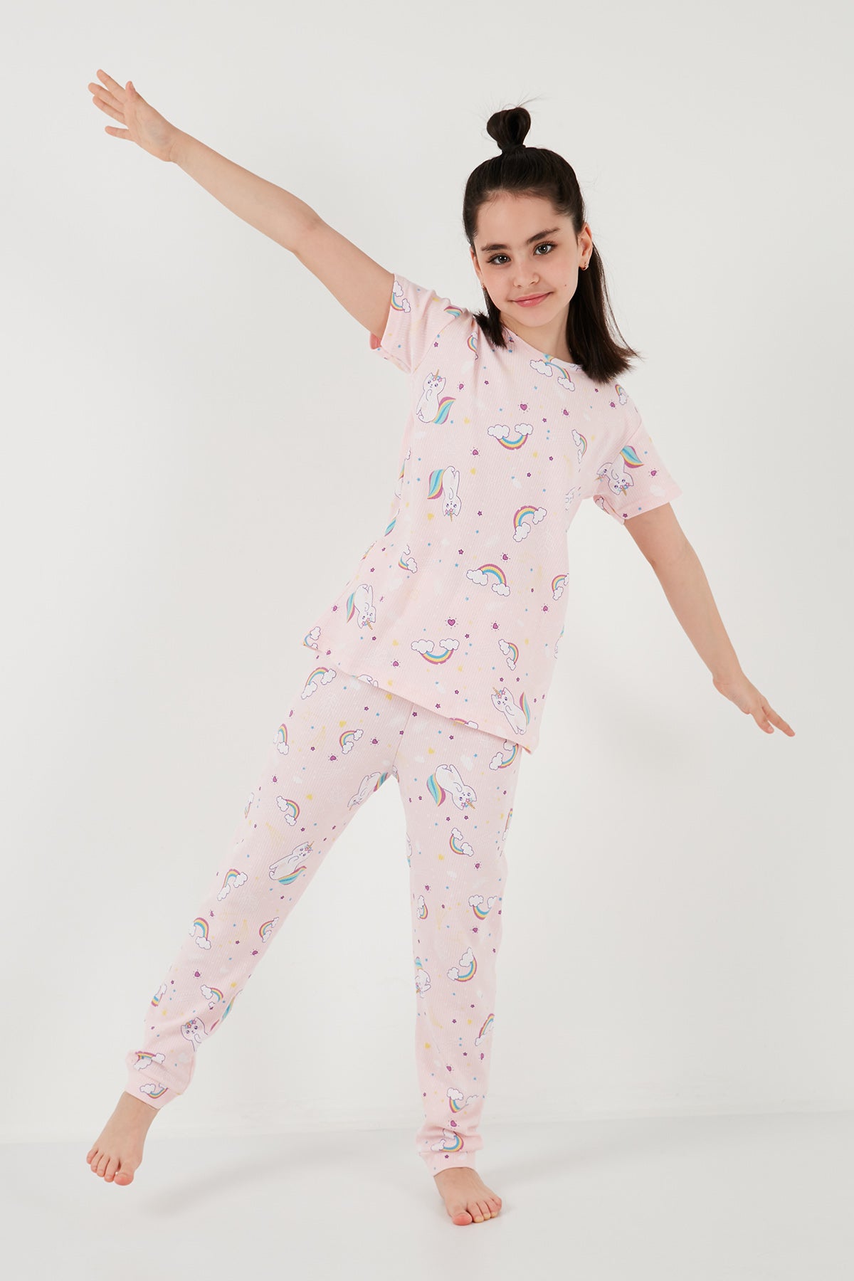 Lela % 100 Pamuk Bisiklet Yaka Kısa Kollu Pijama ı Kız Çocuk Takım 6651002 PEMBE-BEYAZ